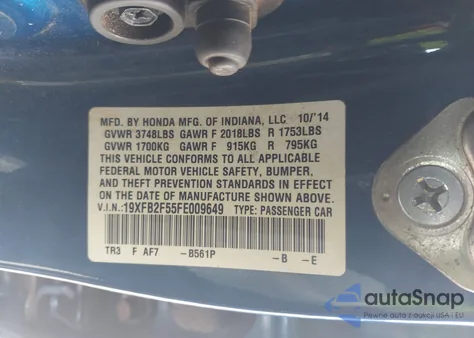 2015 Honda Civic Lx из США, поврежденный, VIN 19XFB2F55FE009649